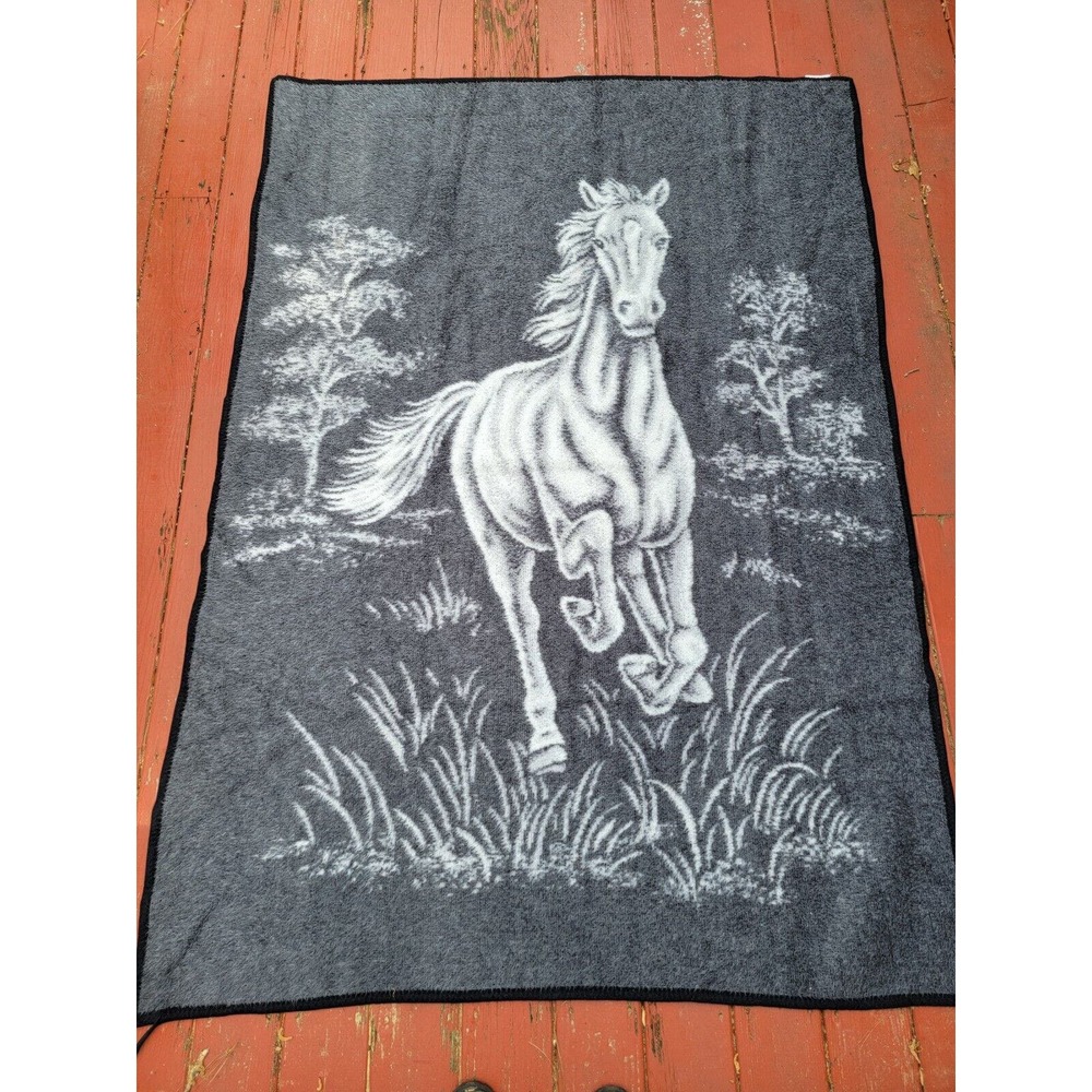 Vintage Biederlack Blanket Bronco Horse Run Reversible 55” x 78” Black Gray Whi